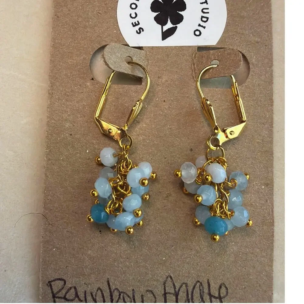 Rainbow Agate Cascade Earrings, Ombre Blue, 18K Gold Plated, Artisan